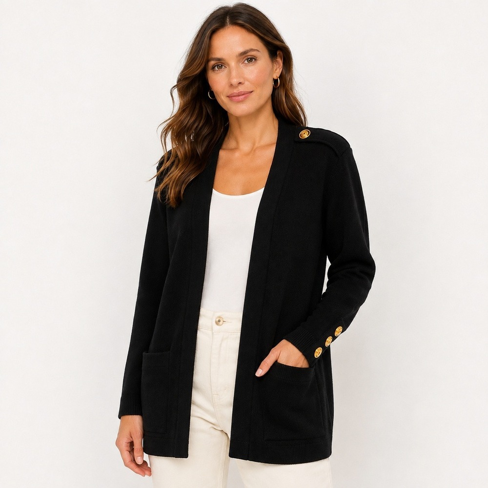 St John Santana Knit Cardigan Women L Black Gold Button Military Open Front